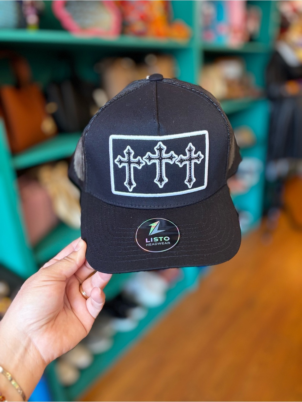 Listo Black Trucker Hat with Triple Cross Patch